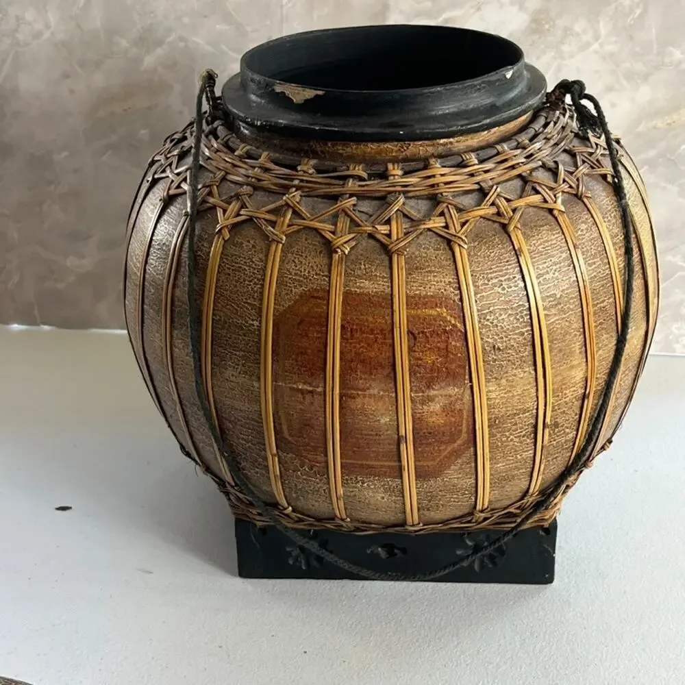 Round Oriental Asian Rice Jar Bamboo Hand Painted